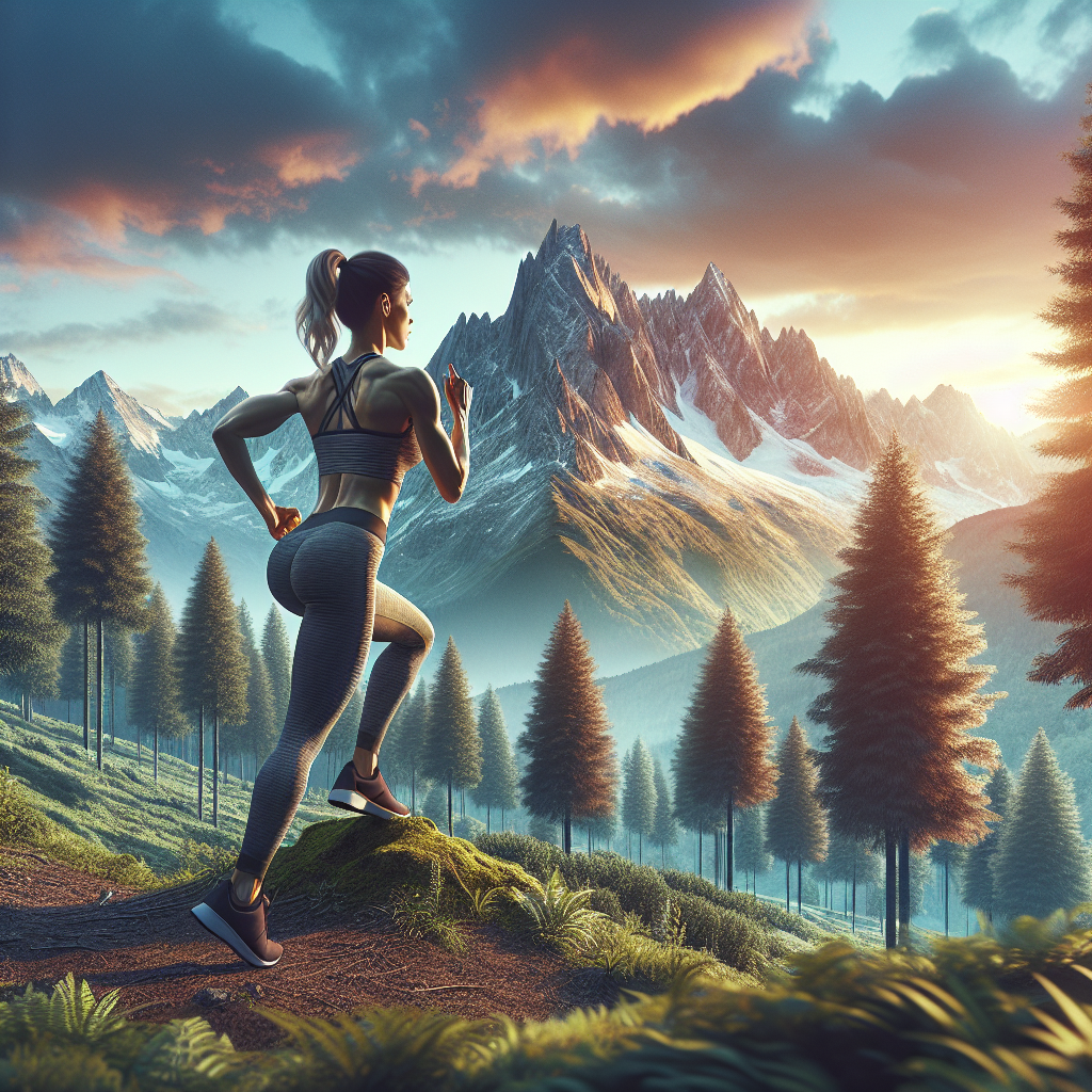 Person performing high-intensity interval training exercises in a scenic natural outdoor setting with mountains and trees