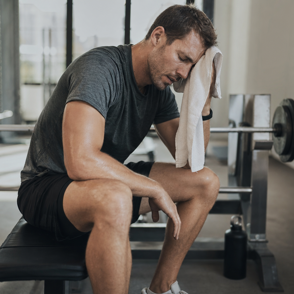 Tired athlete resting on a gym bench after an intense interval training session