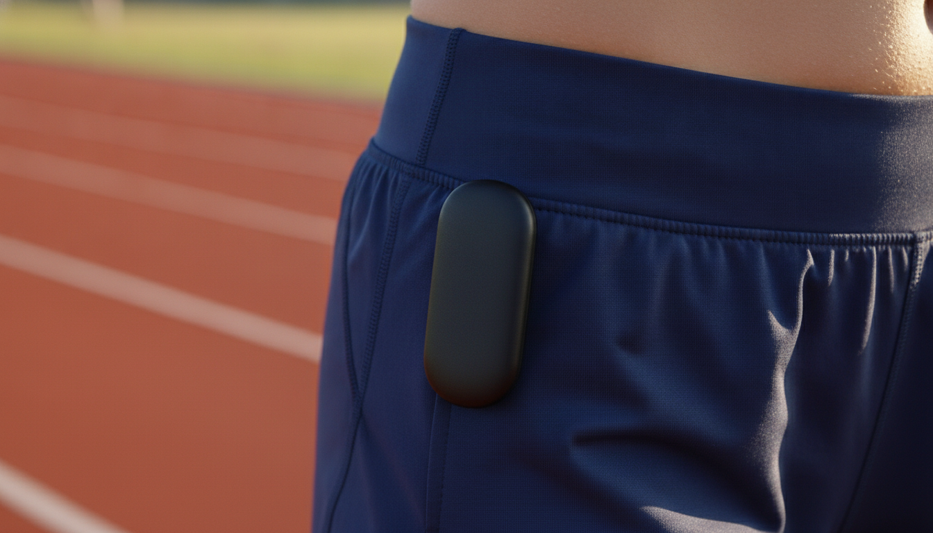 A small plain black device clipped to the waistband of navy running shorts beside a red running track in warm afternoon light