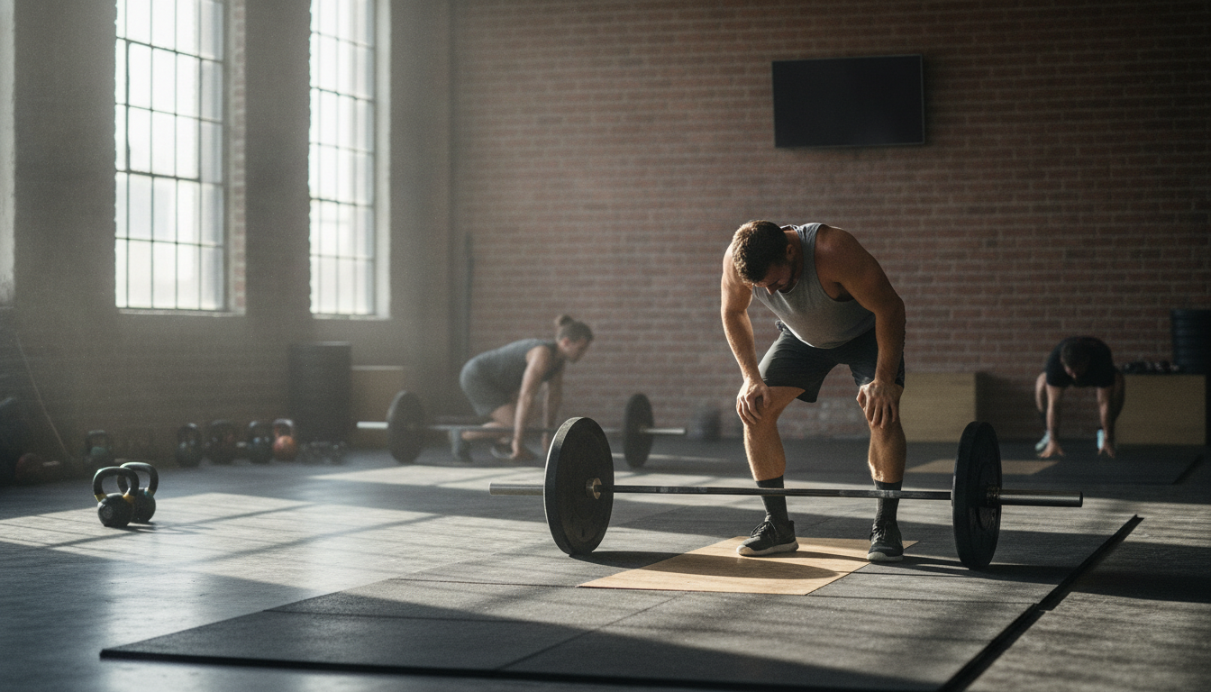 An athlete resting hands on knees over a loaded barbell in a sunlit brick-walled gym, a blank black box mounted high on the wall behind him