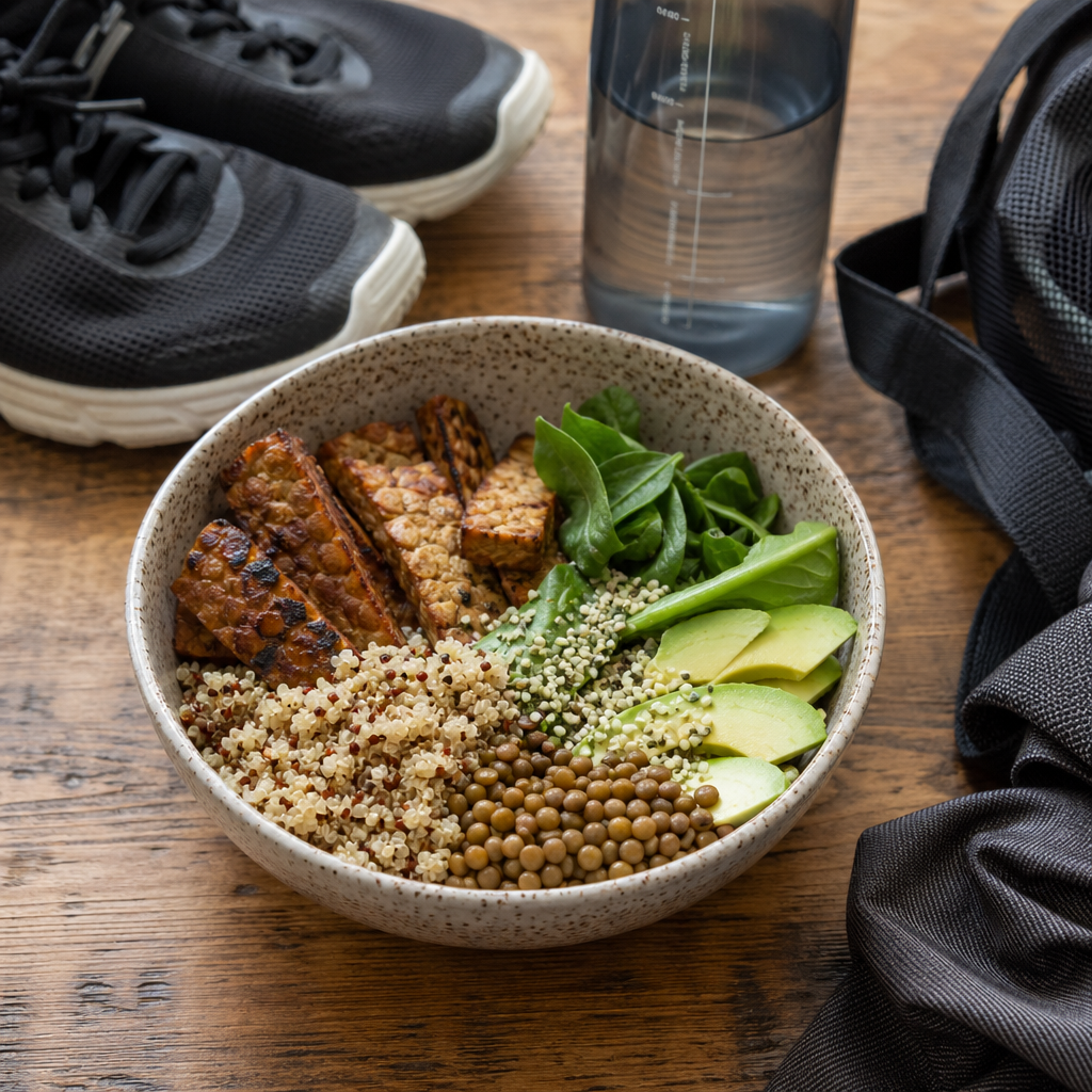 Plant-based meal with tempeh, quinoa, lentils, and greens prepared for an athlete's recovery