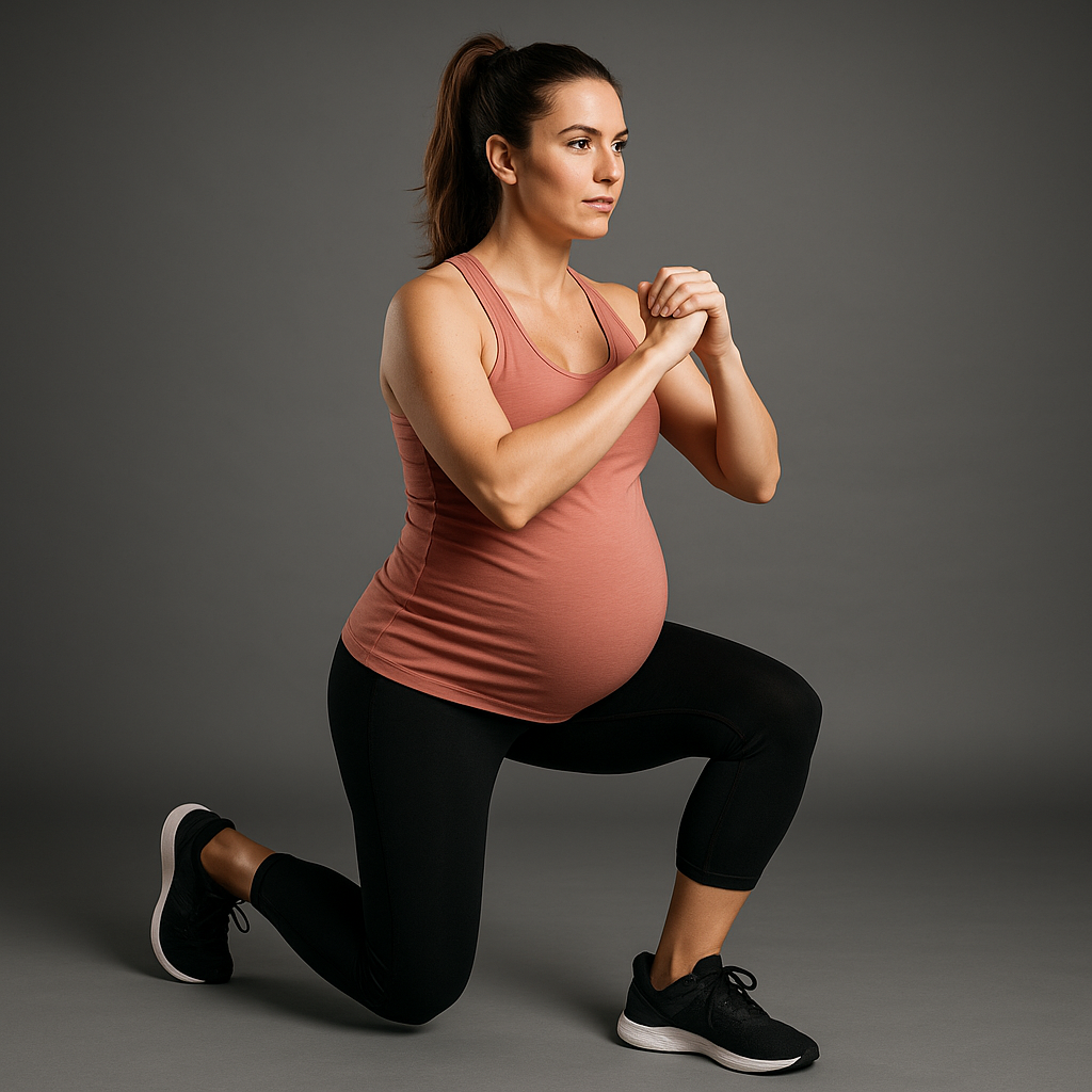 Pregnant woman safely performing modified HIIT exercises with proper form in a studio setting with professional lighting showing appropriate adaptations for pregnancy