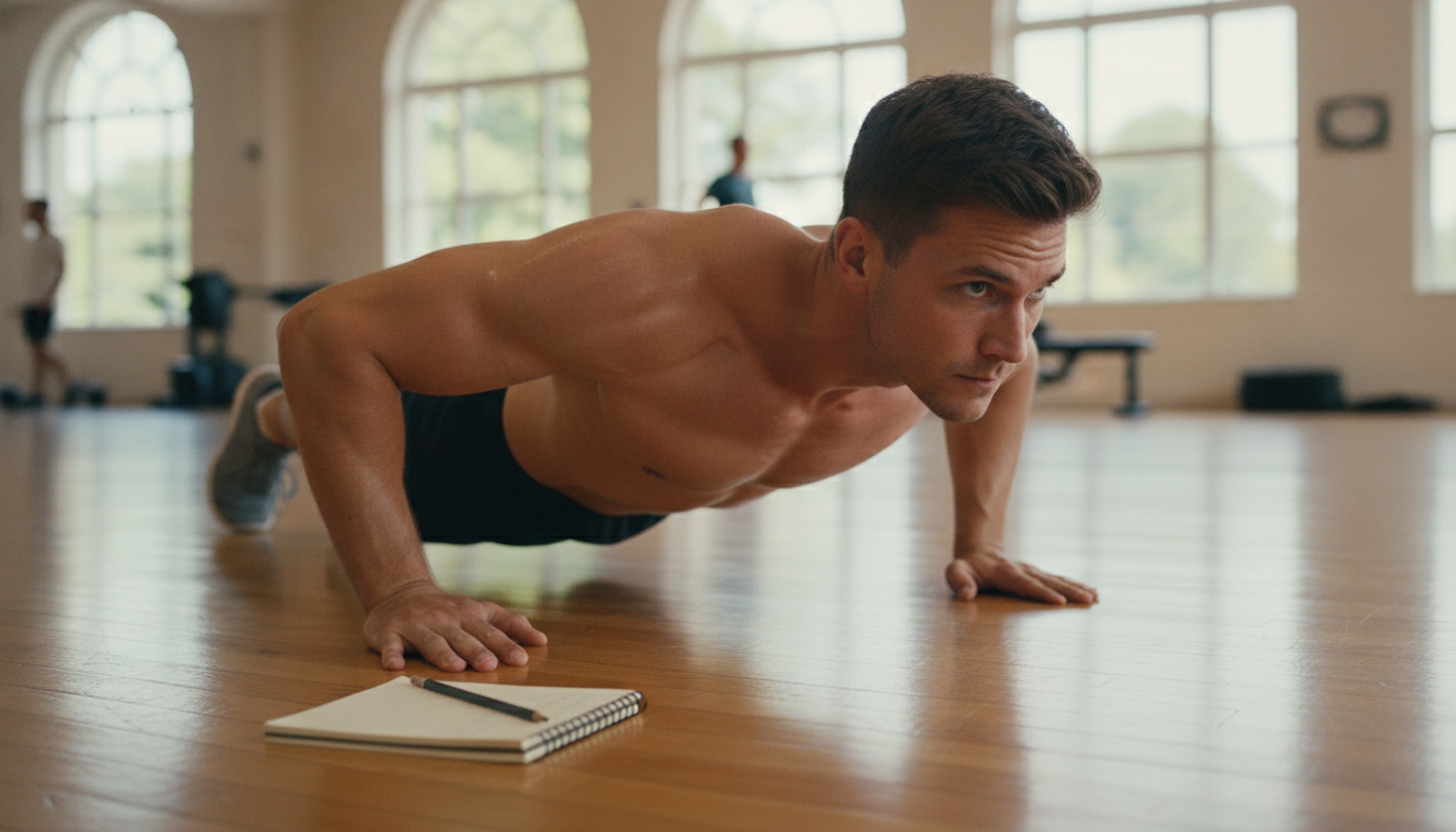 A shirtless man in a push-up position on a polished wooden gym floor, looking ahead with a focused expression, a spiral notebook and pencil on the floor by his hand