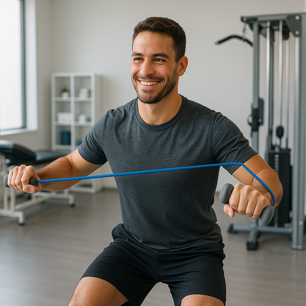Athletic man smiling while performing rehabilitation exercises with resistance bands and light weights in a modern physical therapy clinic