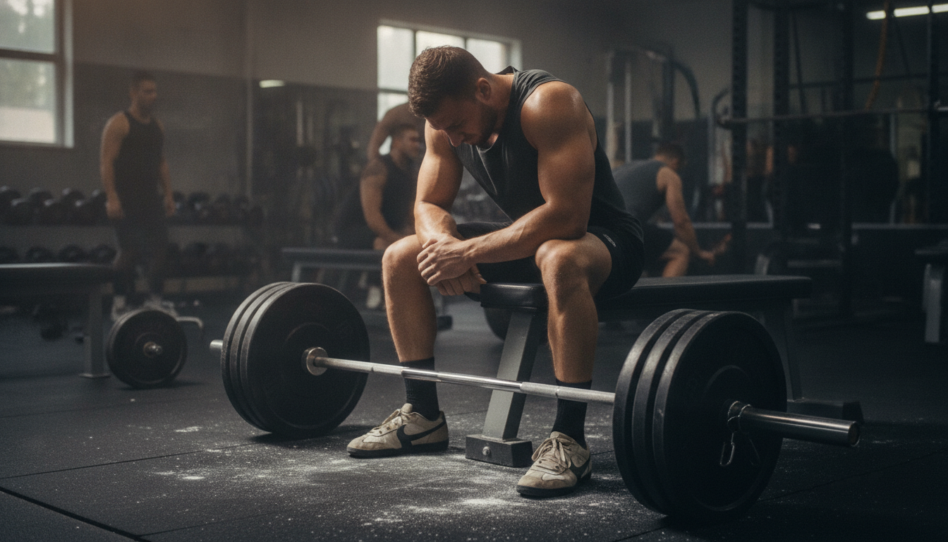 A lifter sitting on a bench beside a loaded barbell in a chalky gym, forearms on knees, catching their breath between sets
