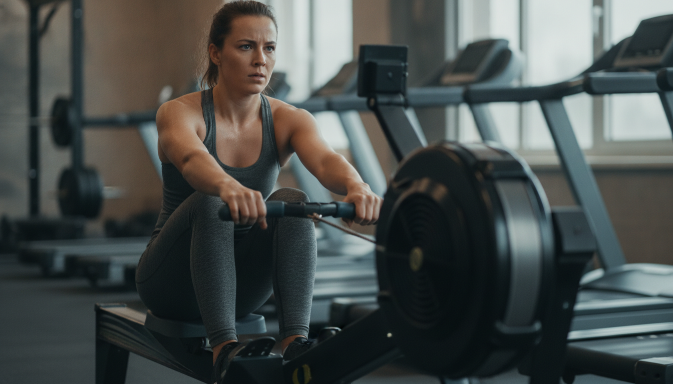 Woman at the catch on an indoor rowing machine, knees bent and arms extended on the handle, treadmills and weights in soft focus behind her