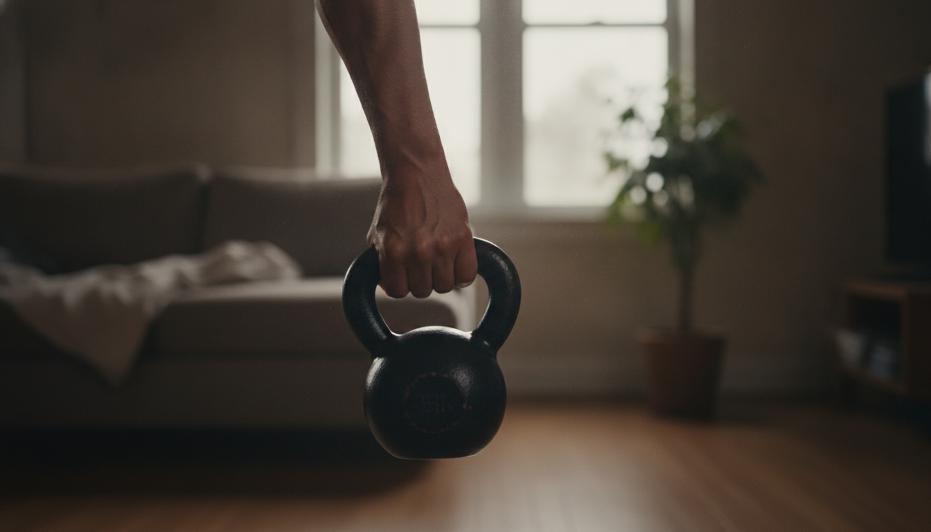 Close-up of a hand gripping a kettlebell handle in a dim early-morning living room with soft window light