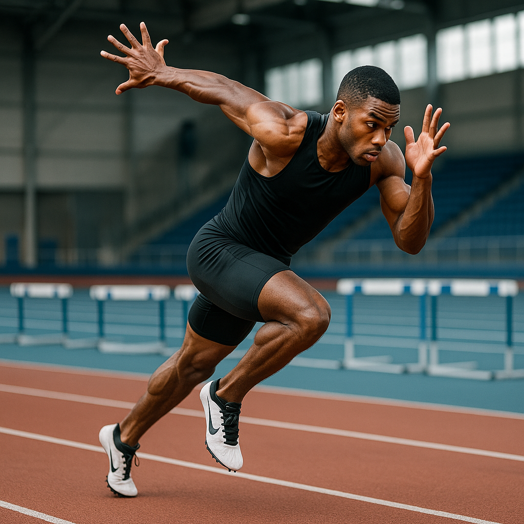 Professional athlete performing explosive sprint training on a track showing perfect running form and power