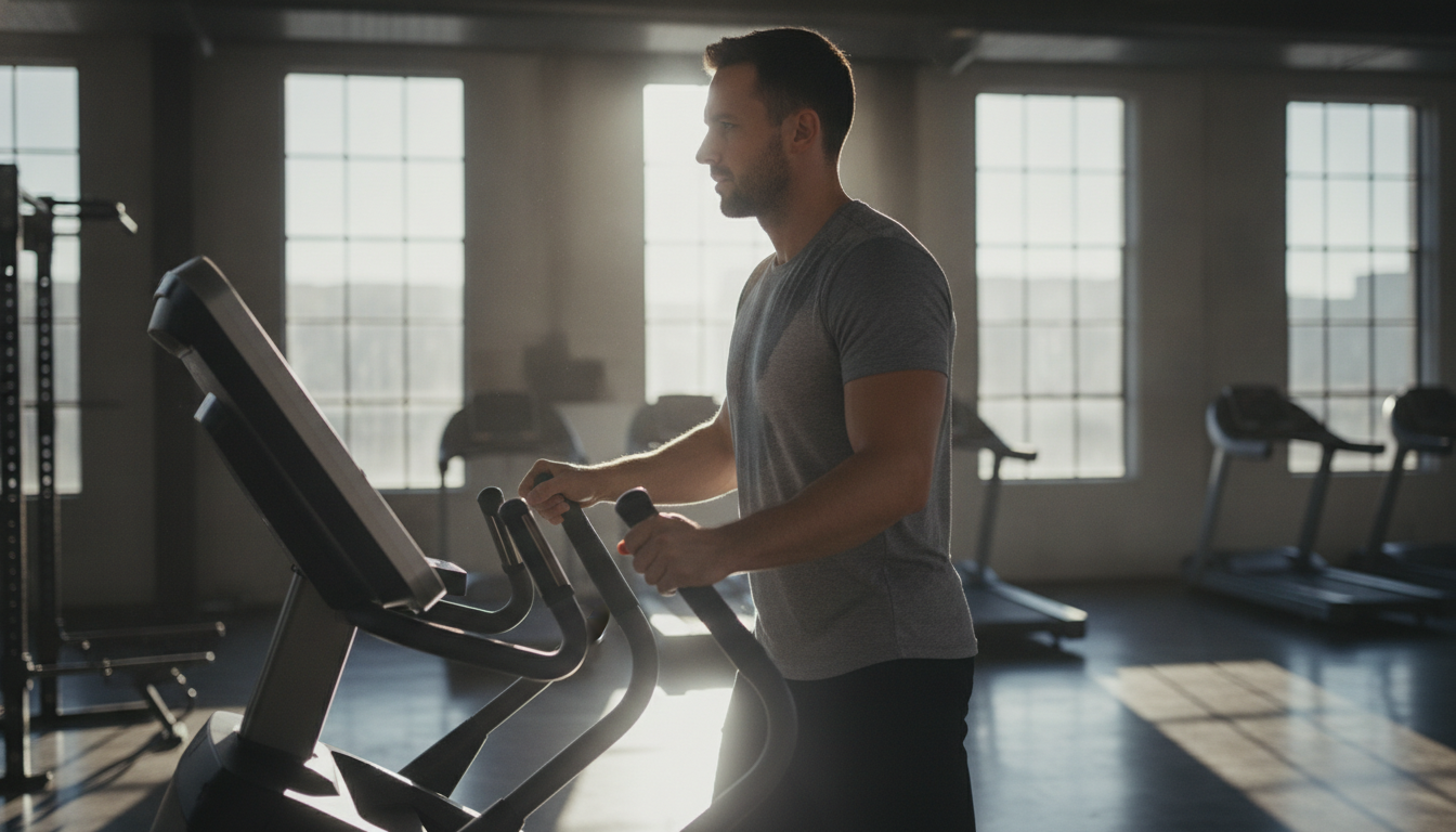 Man holding the side rails of a cardio machine in a sunlit gym, console turned away from camera, treadmills lined up behind him