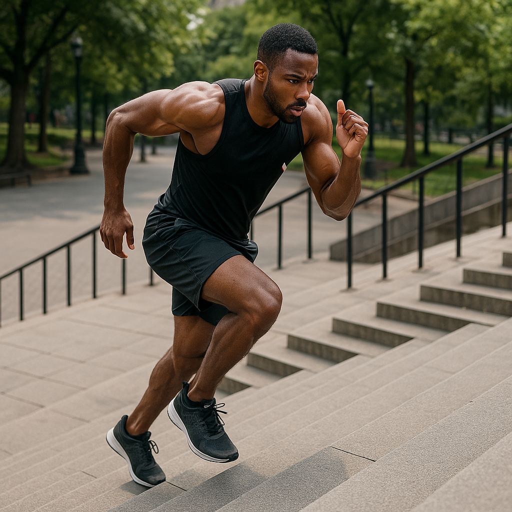 Person performing high-intensity stair exercises on a public staircase in an urban park