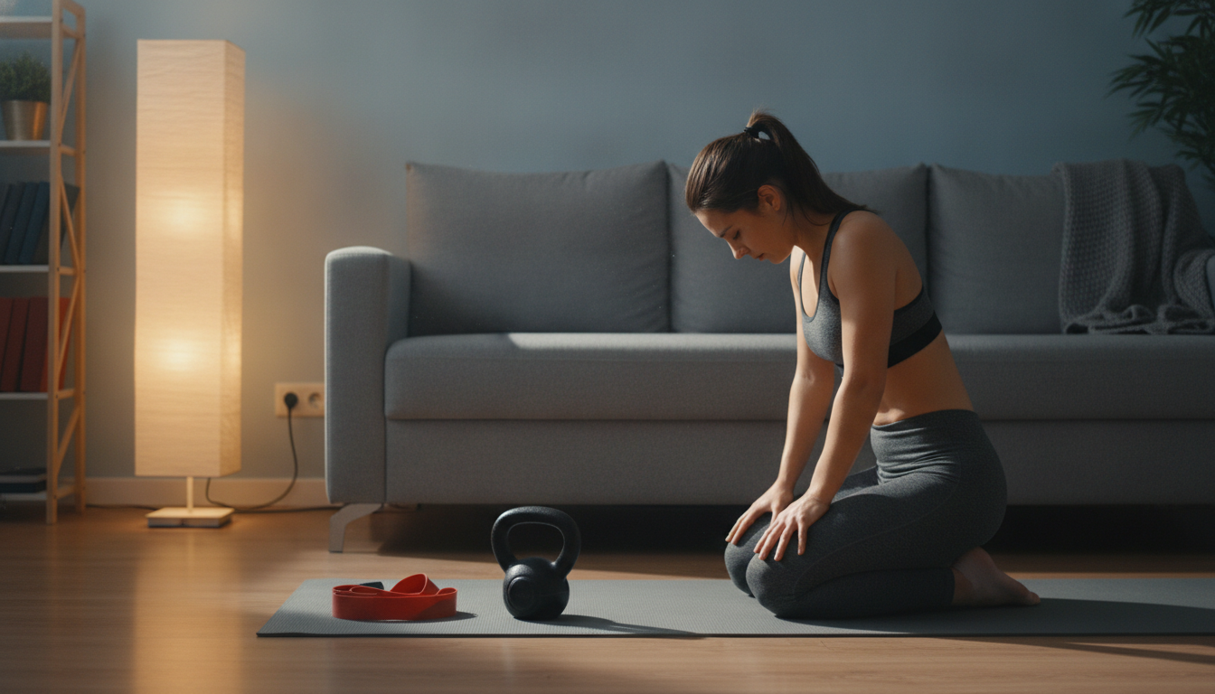 A woman kneeling on a grey mat in a living room beside a kettlebell and a red resistance band, sofa behind her, lit by a tall floor lamp
