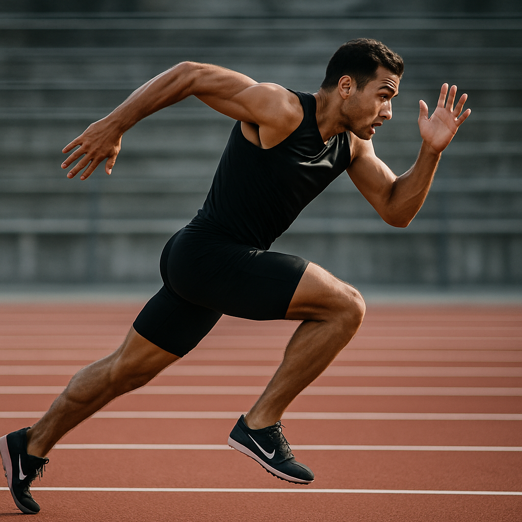 Runner performing sprint intervals on a running track, showing proper sprinting form with determination in professional running attire
