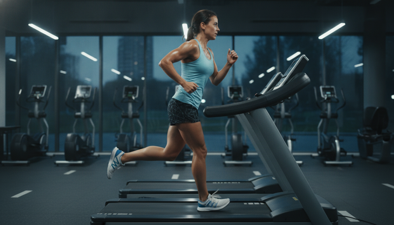 Runner at speed on a gym treadmill seen from the side, belt and shoes blurred with motion, empty machines behind