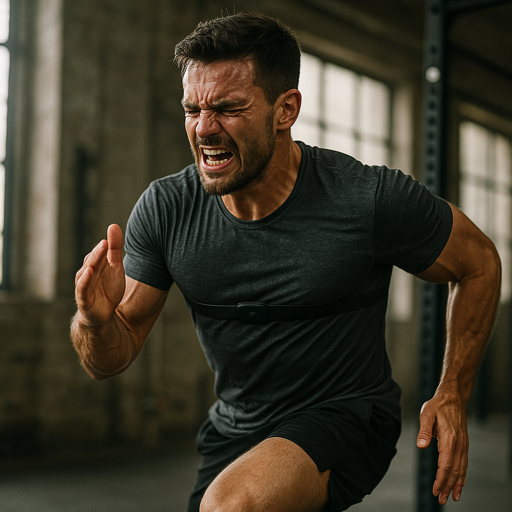Athlete performing high-intensity interval training with visible exertion while wearing heart rate monitor to track VO2 max improvements