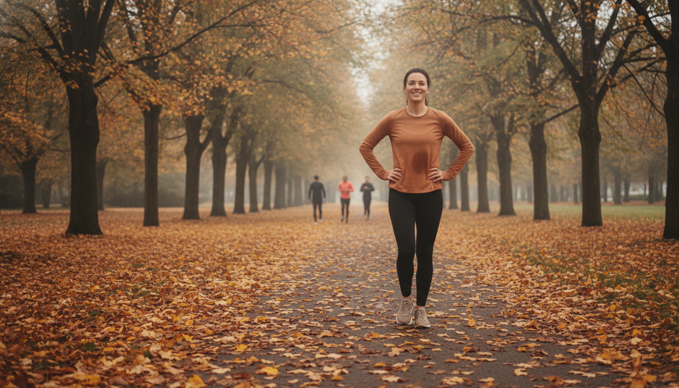 Smiling runner standing with hands on hips on a leaf-covered, tree-lined park path on a misty autumn day, three other runners in the distance